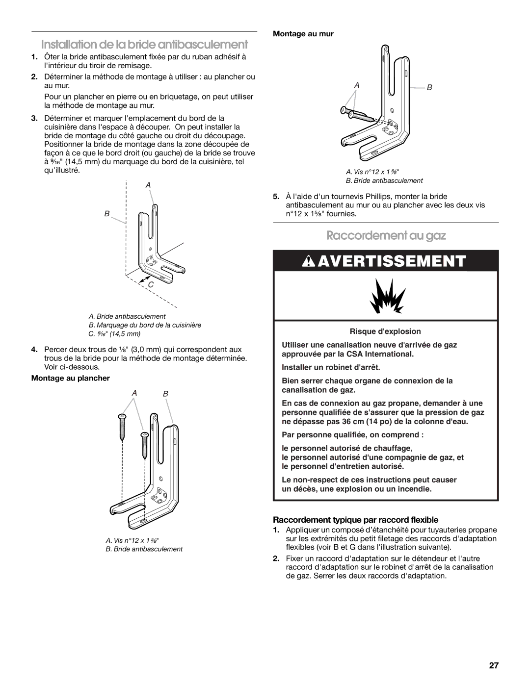 Maytag W10258096A Installation de la bride antibasculement, Raccordement au gaz, Raccordement typique par raccord flexible 