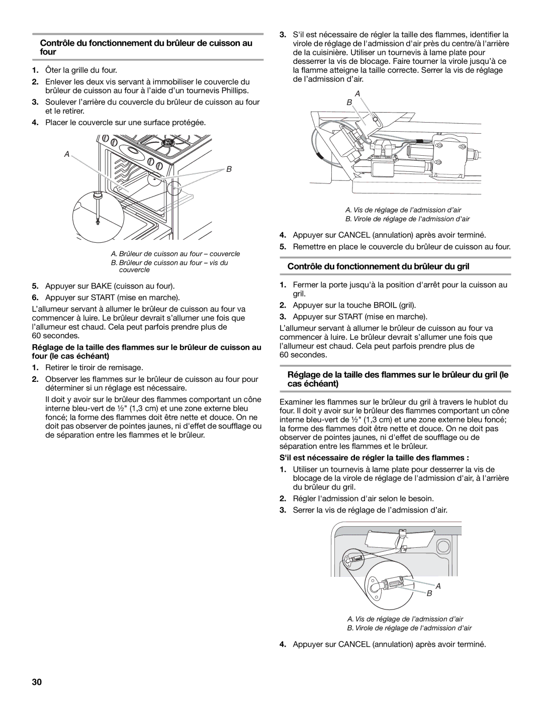 Maytag W10258096A Contrôle du fonctionnement du brûleur de cuisson au four, Contrôle du fonctionnement du brûleur du gril 