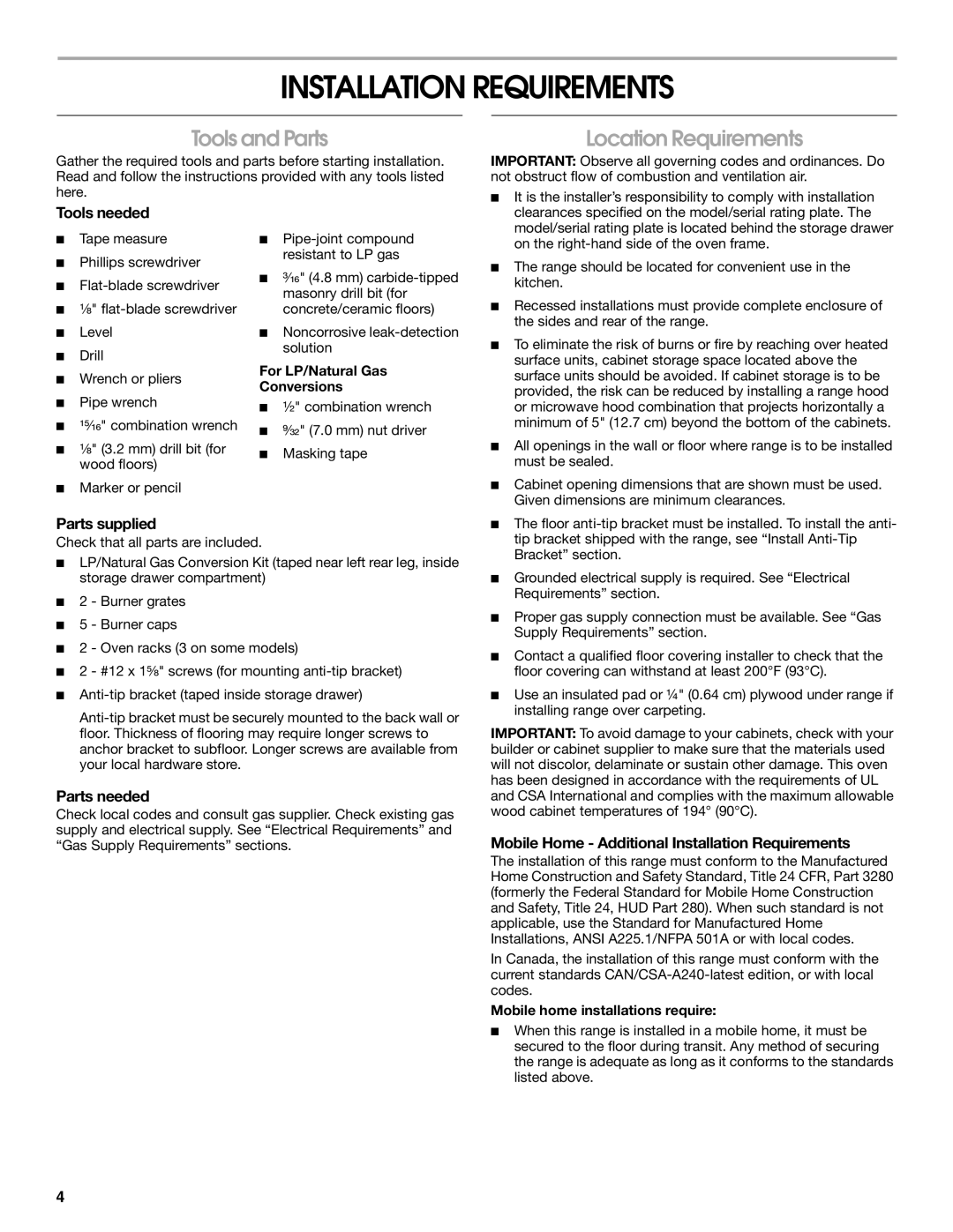 Maytag W10258096A installation instructions Installation Requirements, Tools and Parts, Location Requirements 