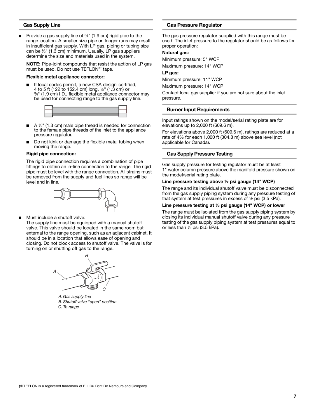 Maytag W10258096A Gas Supply Line, Gas Pressure Regulator, Burner Input Requirements, Gas Supply Pressure Testing 