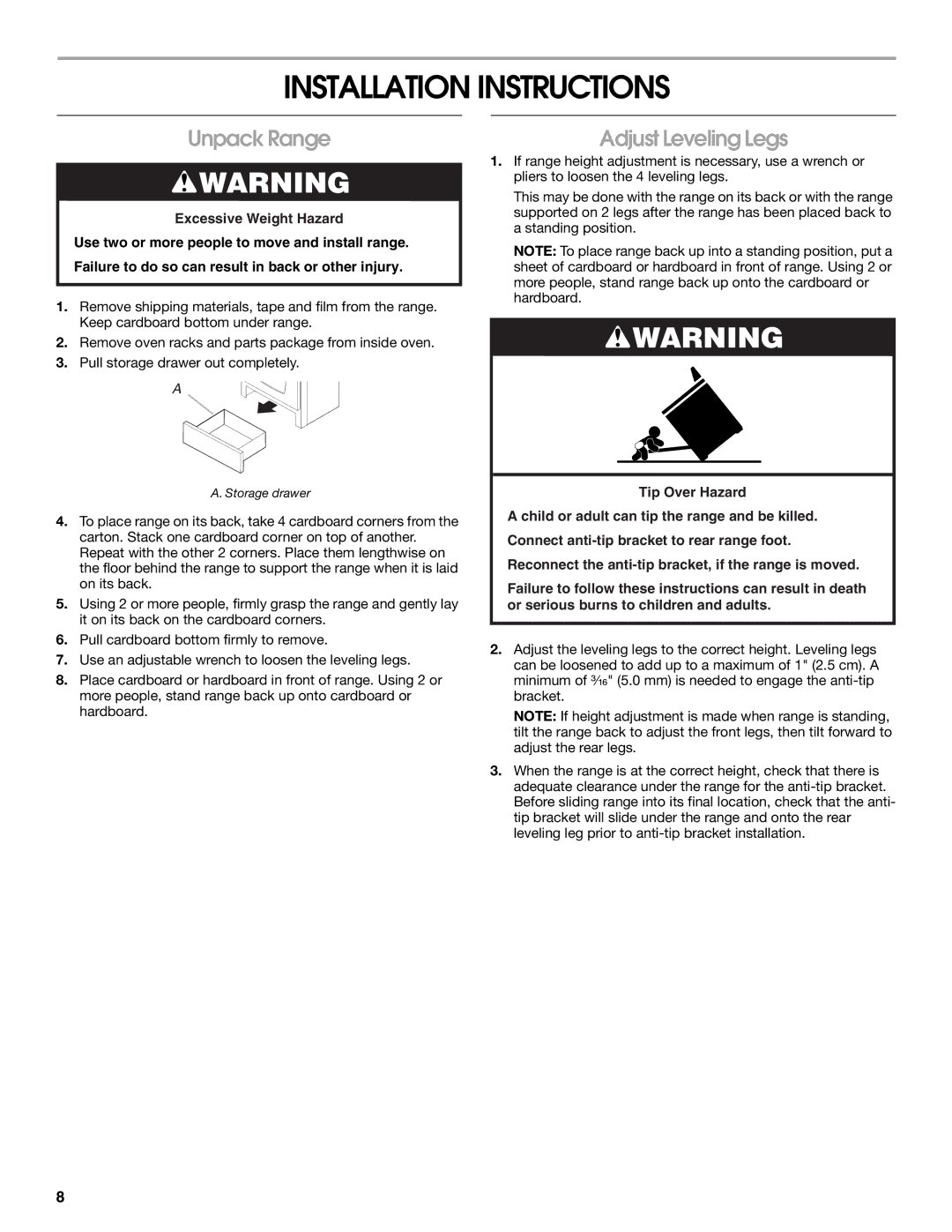 Maytag W10258096A installation instructions Installation Instructions, Unpack Range, Adjust Leveling Legs 