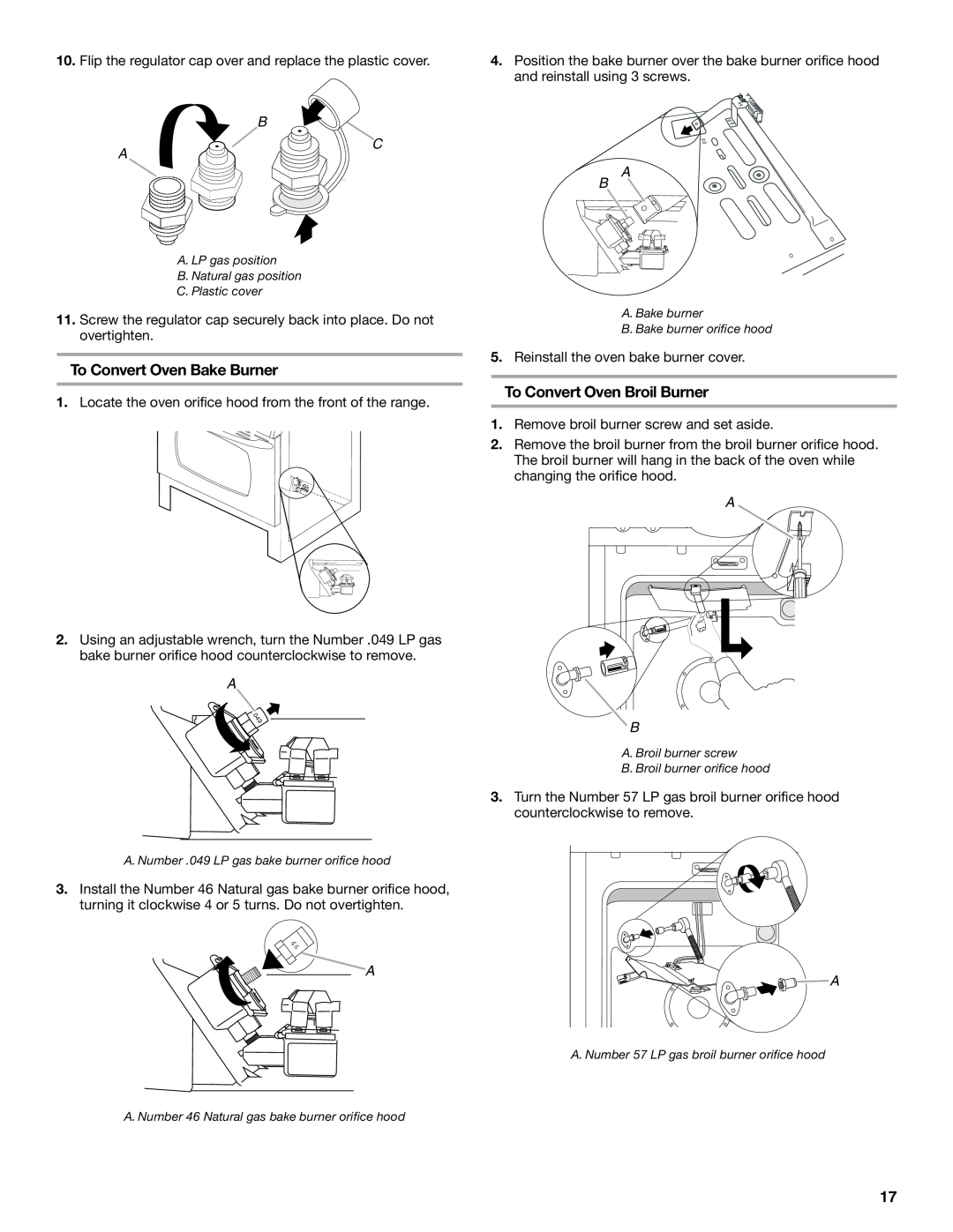 Maytag W10258096A installation instructions To Convert Oven Bake Burner, To Convert Oven Broil Burner 