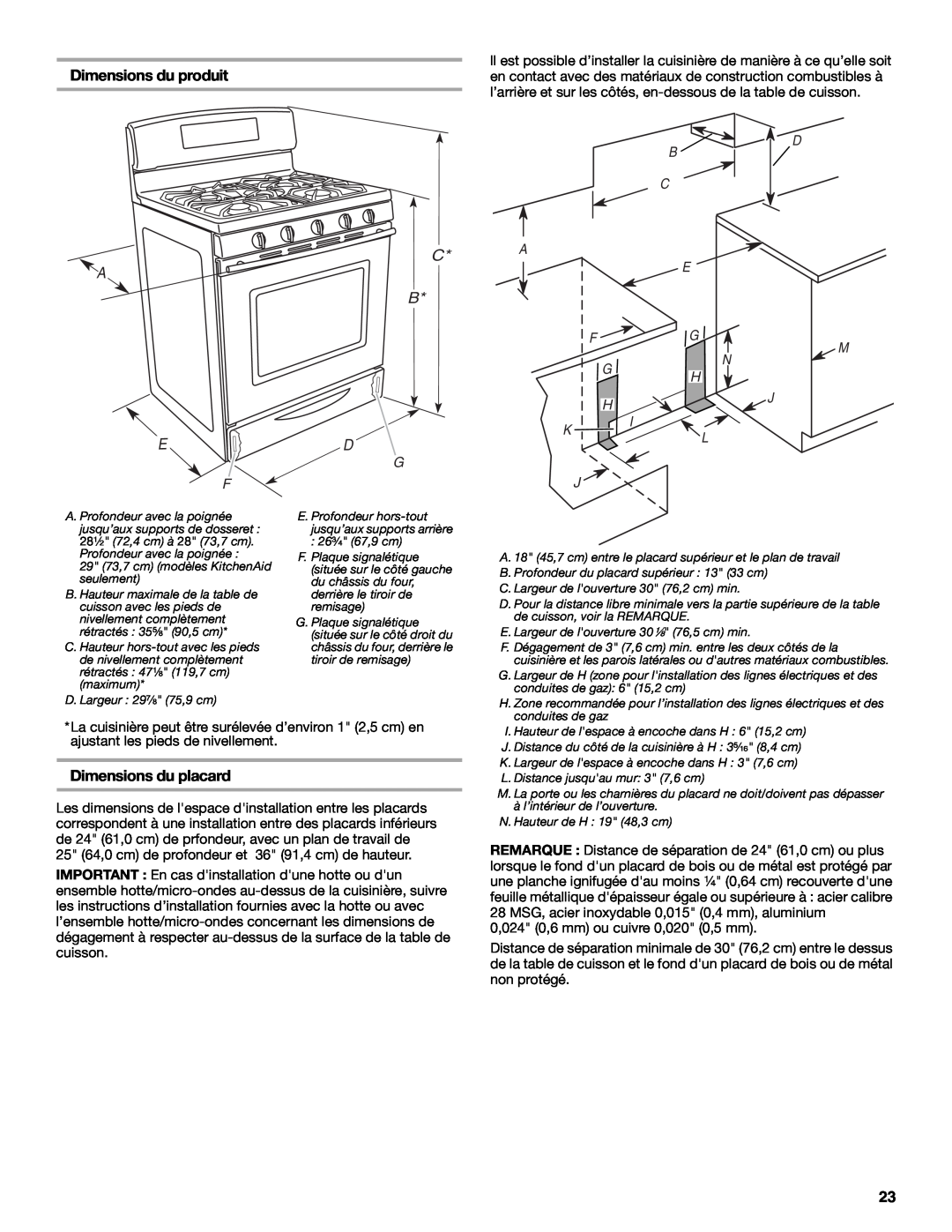 Maytag W10258096A installation instructions Dimensions du produit, C B D, Dimensions du placard, D B C 