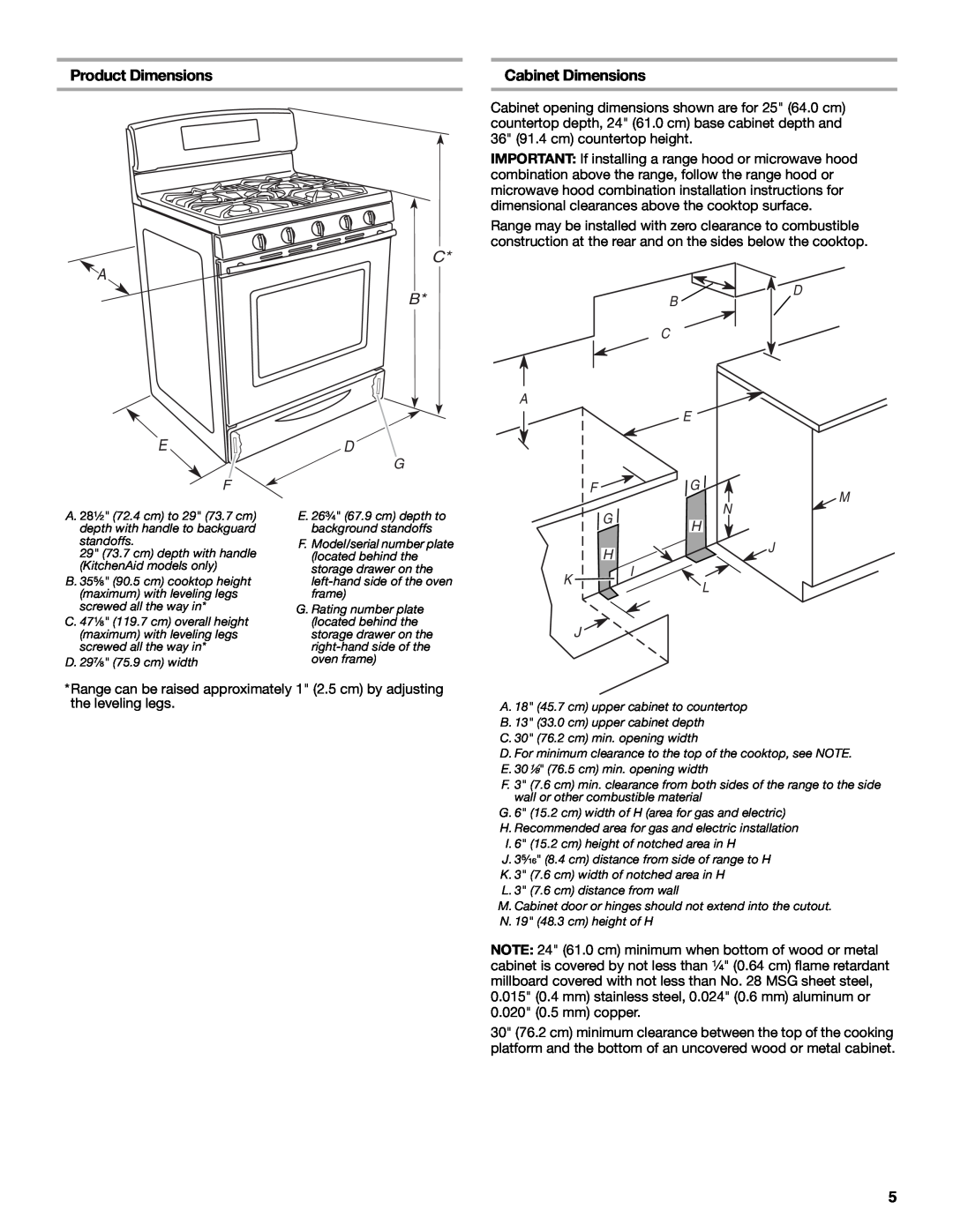 Maytag W10258096A installation instructions Product Dimensions, Cabinet Dimensions, C B D, D B C A 