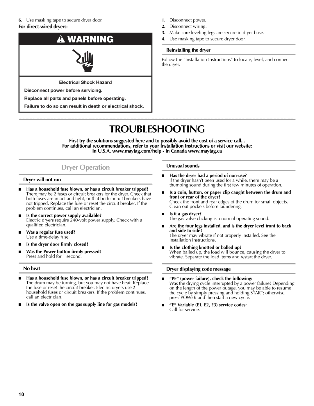 Maytag W10267628A, W10260034A quick start Troubleshooting, Dryer Operation 