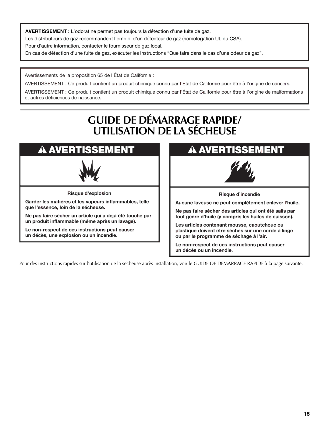 Maytag W10260034A, W10267628A quick start Guide DE Démarrage Rapide Utilisation DE LA Sécheuse 