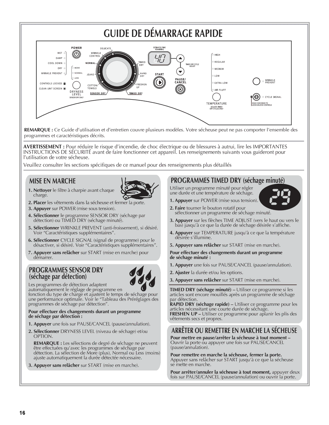 Maytag W10267628A, W10260034A quick start Guide DE Démarrage Rapide, Programmes Sensor DRY séchage par détection 