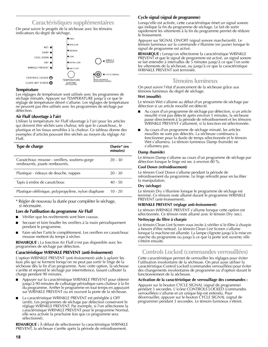 Maytag W10267628A, W10260034A quick start Caractéristiques supplémentaires, Témoins lumineux 