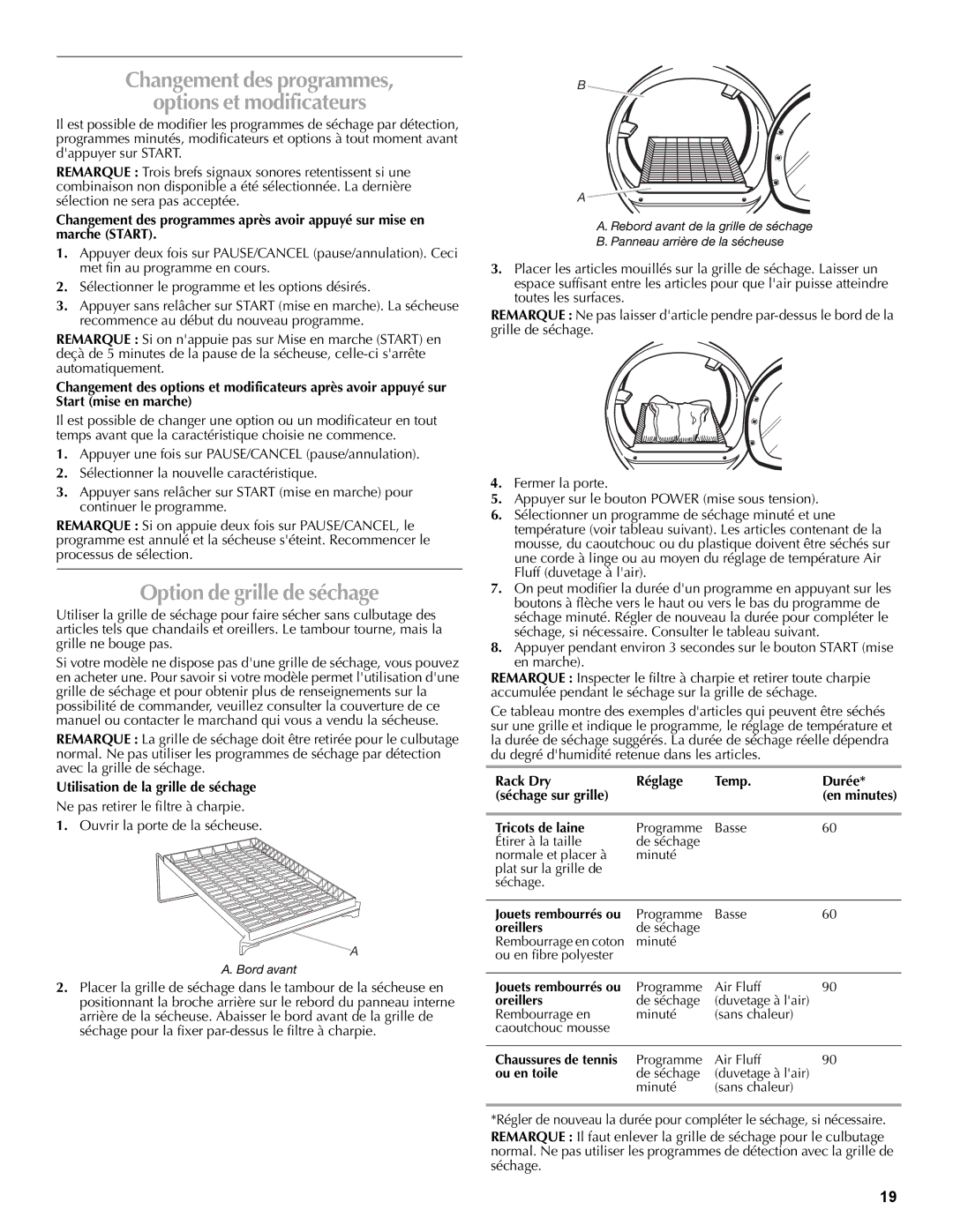 Maytag W10260034A, W10267628A quick start Changement des programmes Options et modificateurs, Option de grille de séchage 