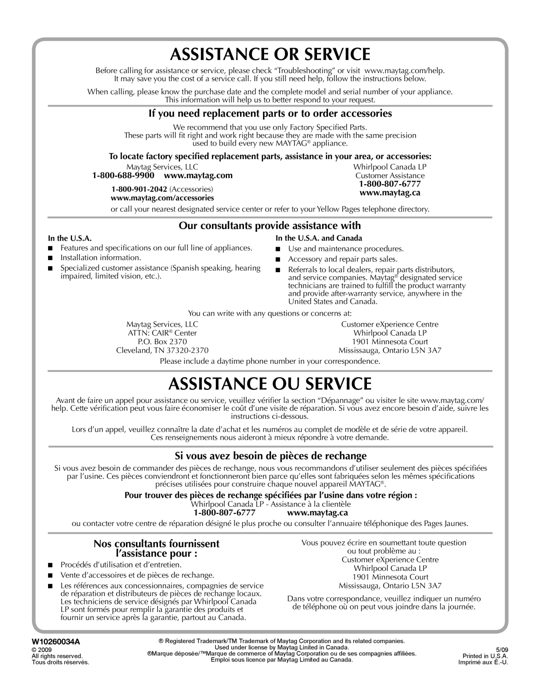 Maytag W10267628A quick start Assistance or Service, Assistance OU Service, U.S.A. and Canada, W10260034A 