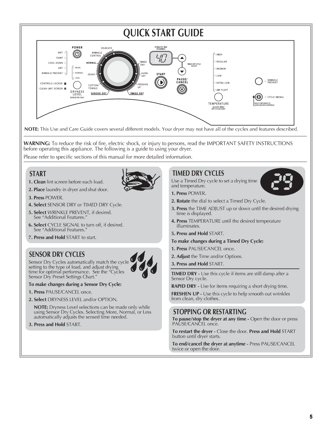 Maytag W10260034A Quick Start Guide, Press Power, Press and Hold Start to start, To make changes during a Sensor Dry Cycle 