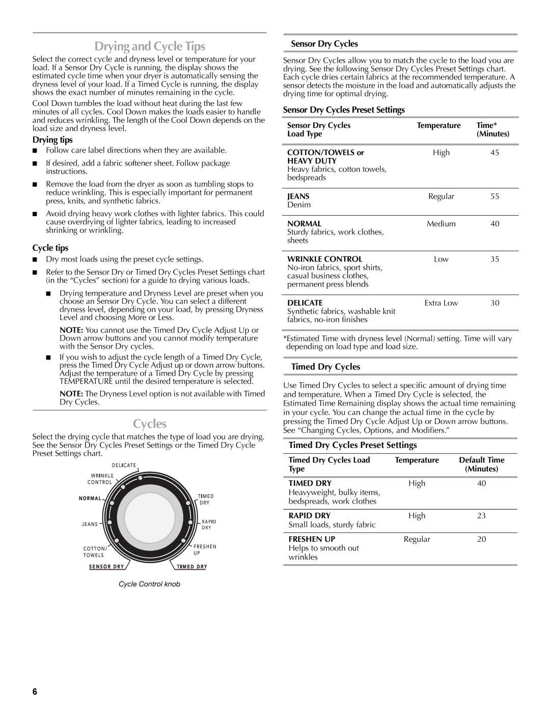 Maytag W10267628A, W10260034A quick start Drying and Cycle Tips, Cycles 