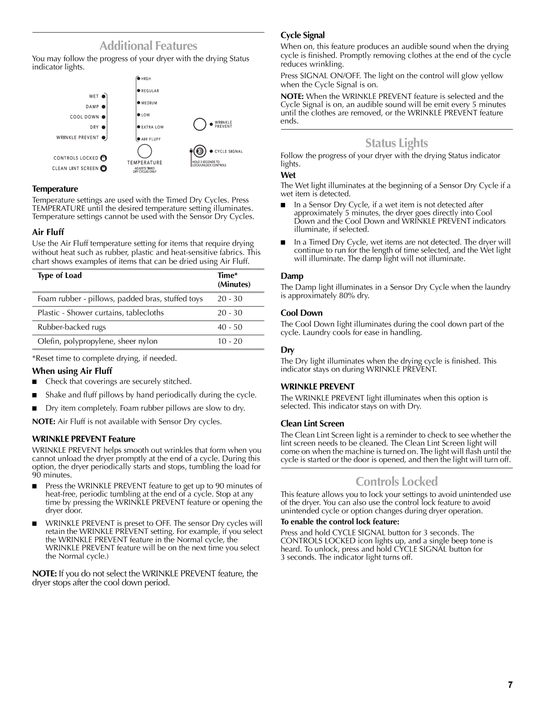 Maytag W10260034A, W10267628A quick start Additional Features, Status Lights, Controls Locked 