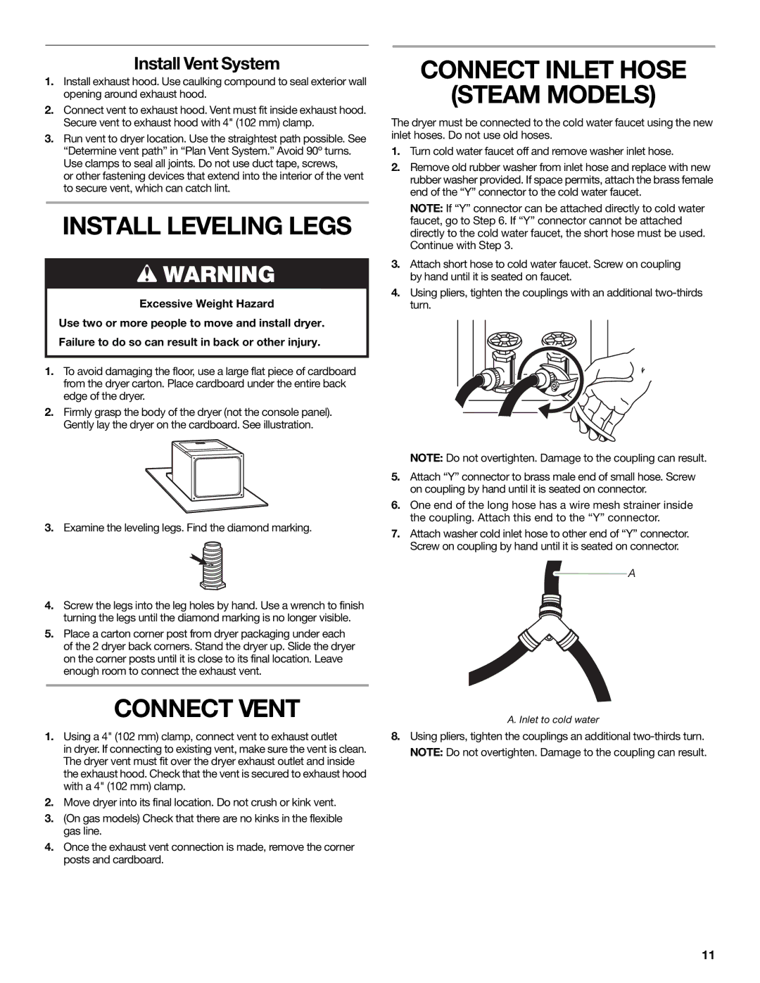 Maytag MGDB850WL, W10267631A-SP Install Leveling Legs, Connect Inlet Hose Steam Models, Connect Vent, Install Vent System 