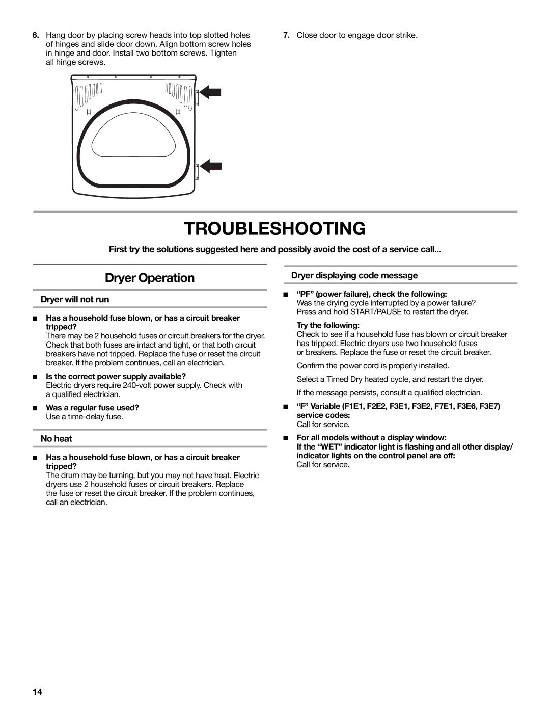 Maytag MGDB850WL, W10261614A Troubleshooting, Dryer Operation, Dryer will not run, No heat, Dryer displaying code message 