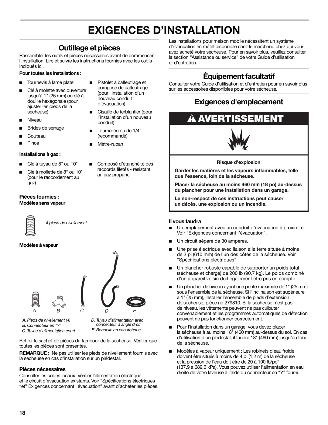 Maytag W10267631A-SP Exigences D’INSTALLATION, Outillage et pièces, Équipement facultatif, Exigences demplacement 