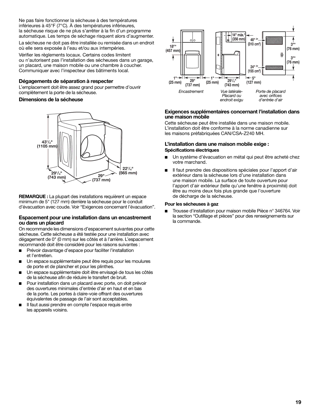 Maytag W10261614A, MGDB850WL Dégagements de séparation à respecter, Dimensions de la sécheuse, De décharge de la sécheuse 