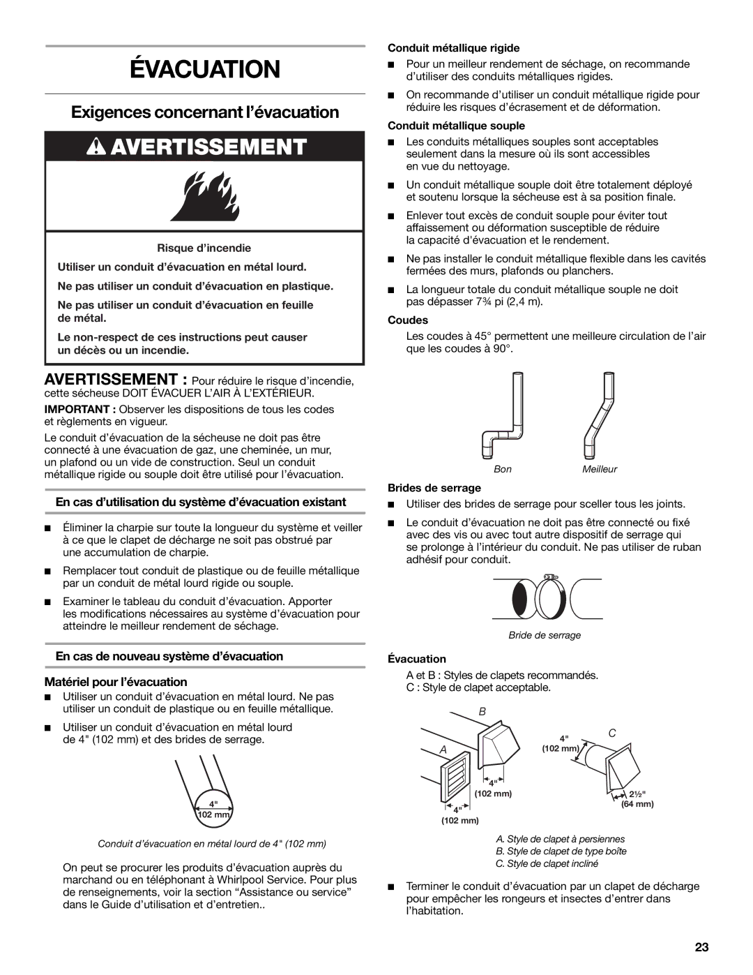 Maytag MGDB850WL Évacuation, Exigences concernant l’évacuation, En cas d’utilisation du système d’évacuation existant 