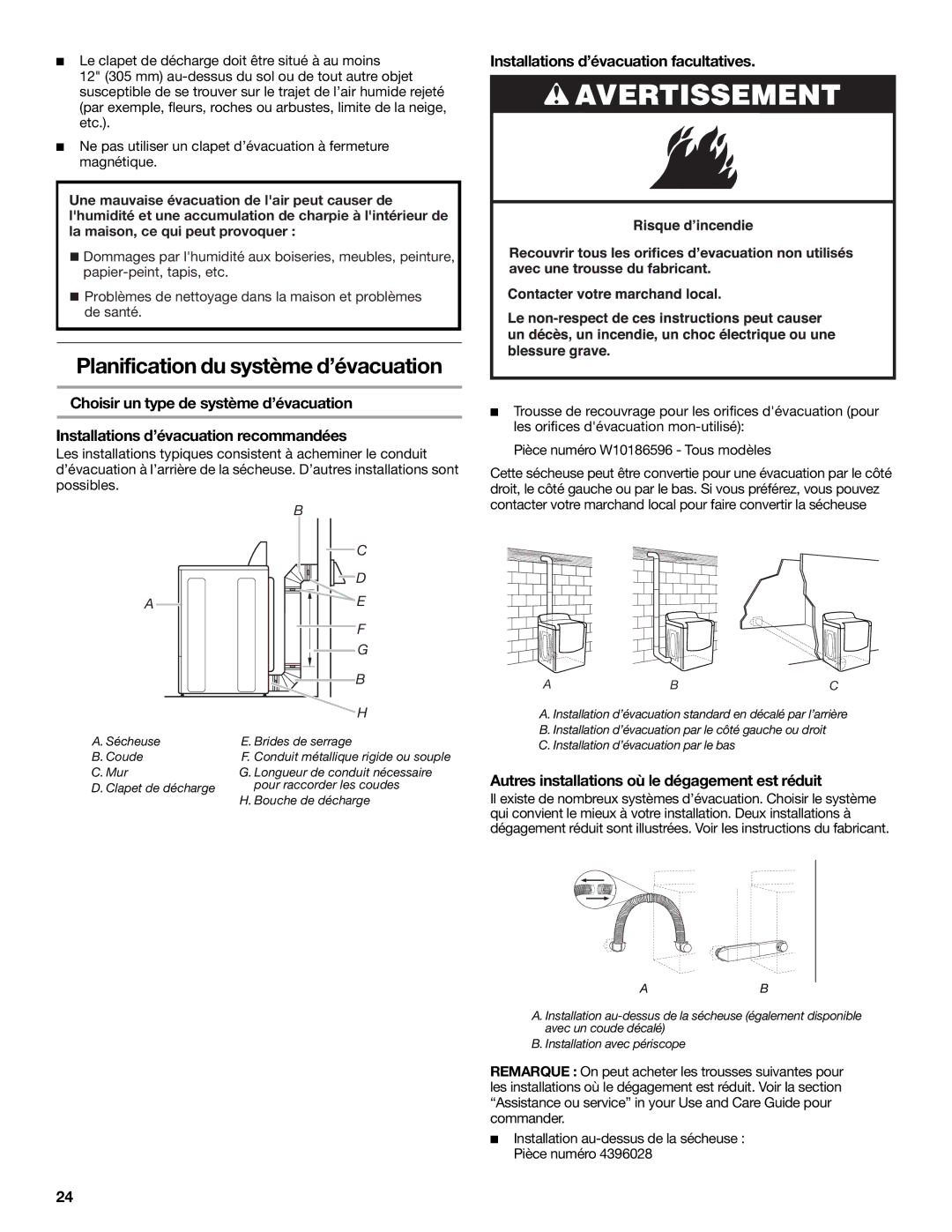 Maytag W10267631A-SP, W10261614A, MGDB850WL Planification du système d’évacuation, Installations d’évacuation facultatives 