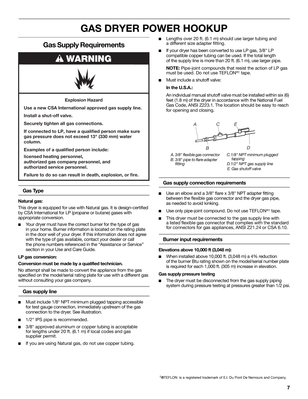 Maytag W10261614A, W10267631A-SP, MGDB850WL installation instructions GAS Dryer Power Hookup, Gas Supply Requirements 