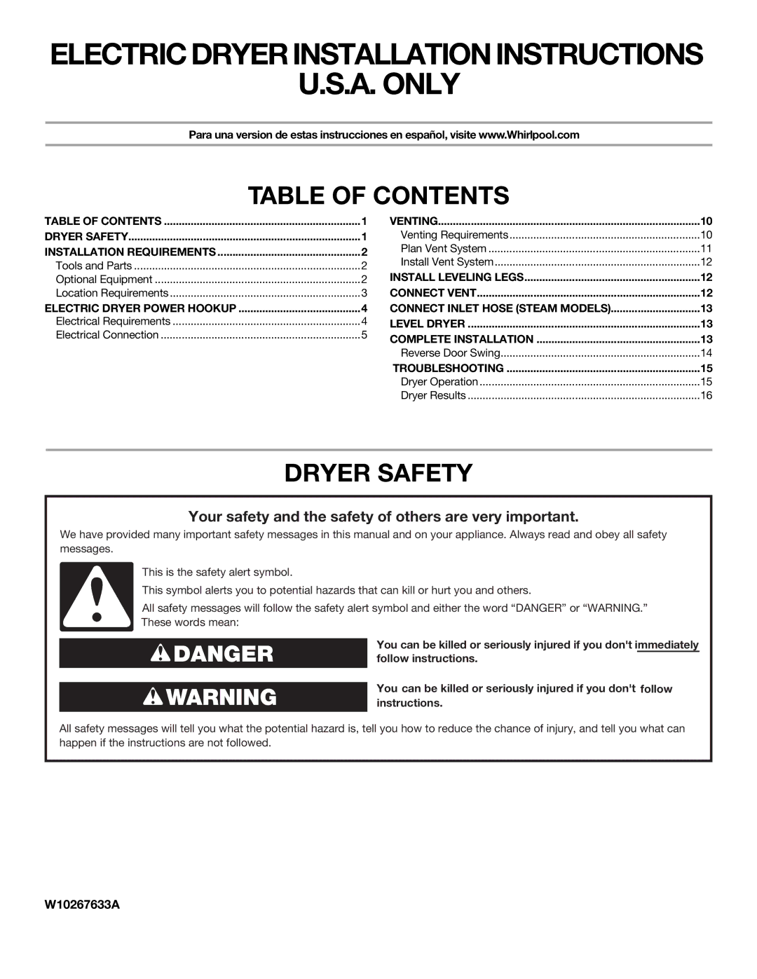 Maytag W10267633A installation instructions Table of Contents, Dryer Safety 