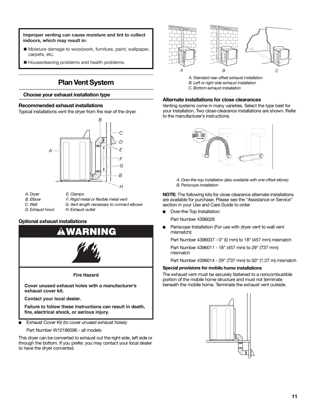 Maytag W10267633A Plan Vent System, Optional exhaust installations, Alternate installations for close clearances 