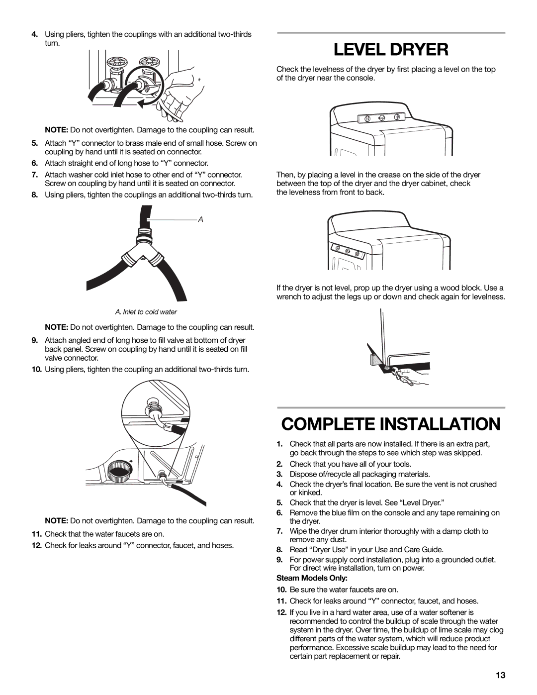 Maytag W10267633A installation instructions Level Dryer, Complete Installation, Steam Models Only 