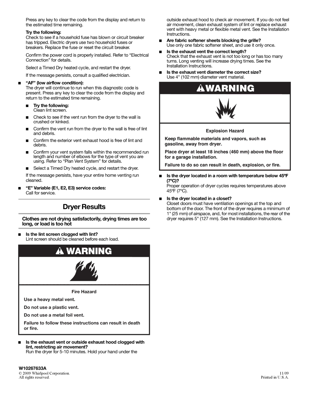 Maytag W10267633A installation instructions Dryer Results 