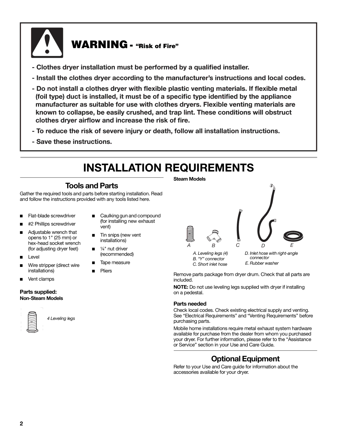 Maytag W10267633A Installation Requirements, Tools and Parts, Optional Equipment, Parts supplied, Parts needed 