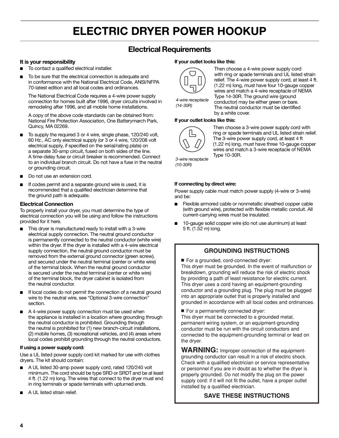 Maytag W10267633A Electric Dryer Power Hookup, Electrical Requirements, It is your responsibility, Electrical Connection 