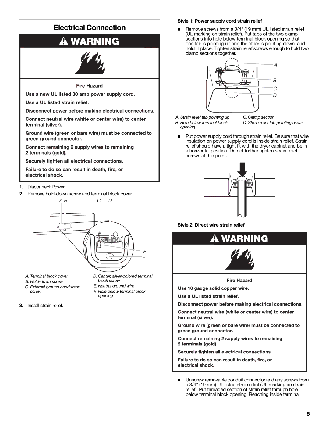 Maytag W10267633A Electrical Connection, Style 1 Power supply cord strain relief, Style 2 Direct wire strain relief 