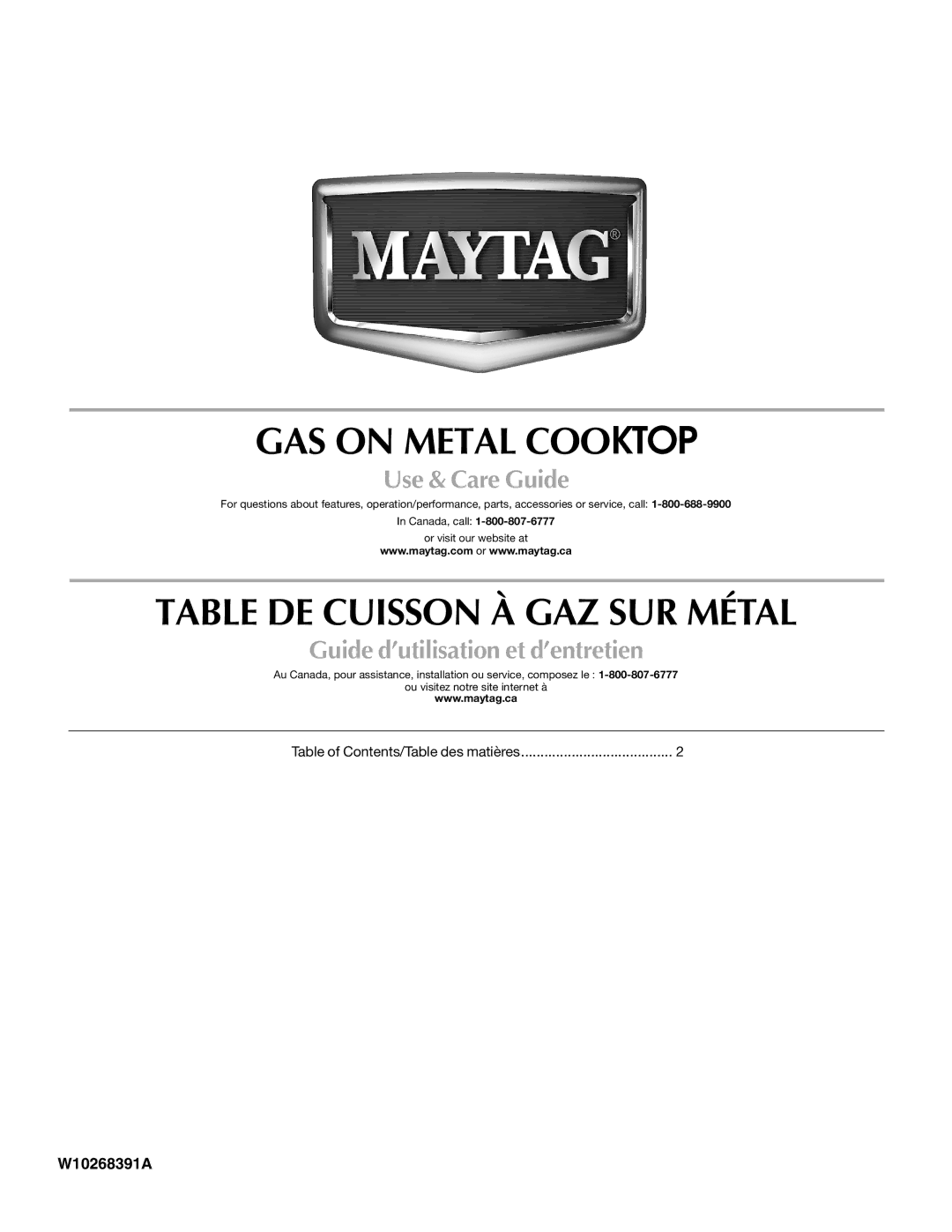 Maytag W10268391A manual GAS on Metal Cooktop 