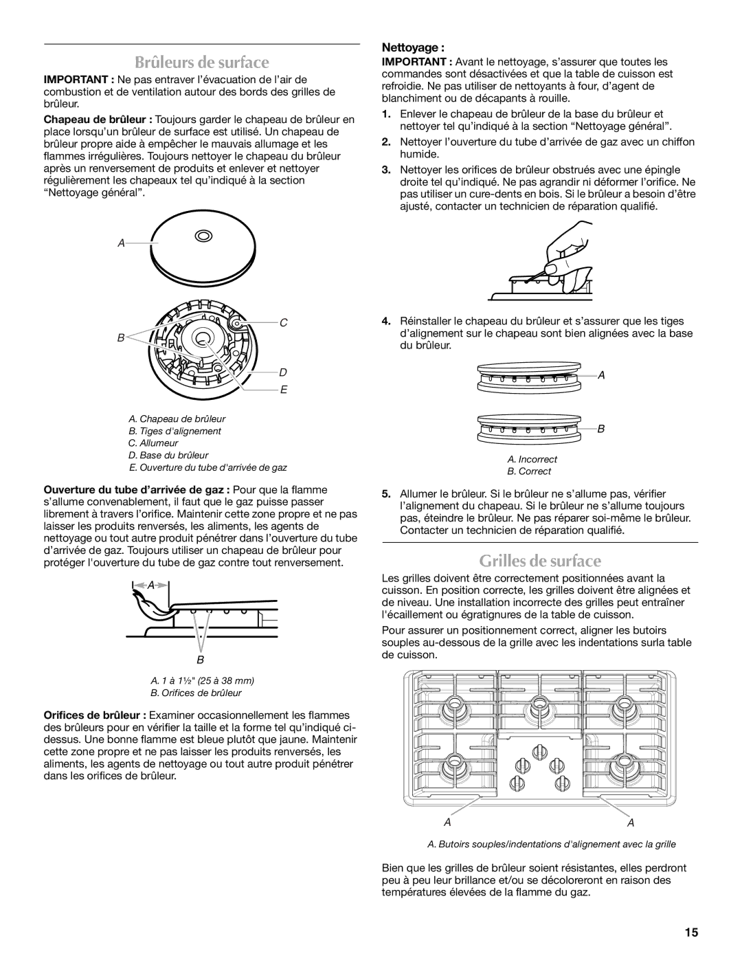 Maytag W10268391A manual Brûleurs de surface, Grilles de surface, Nettoyage 