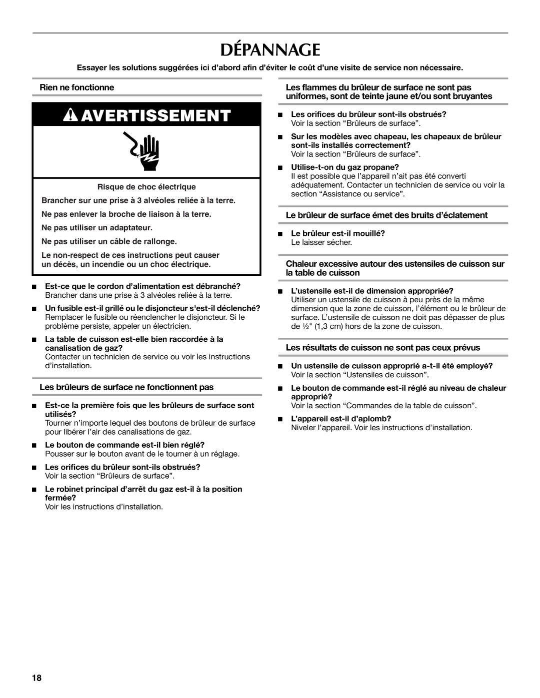 Maytag W10268391A manual Dépannage, Rien ne fonctionne, Les brûleurs de surface ne fonctionnent pas 