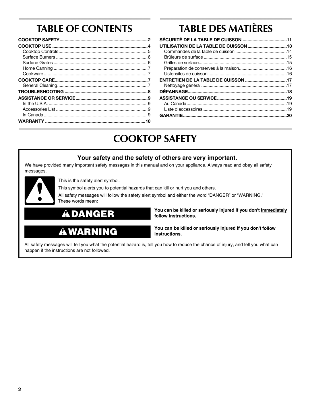 Maytag W10268391A manual Cooktop Safety, Table of Contents 