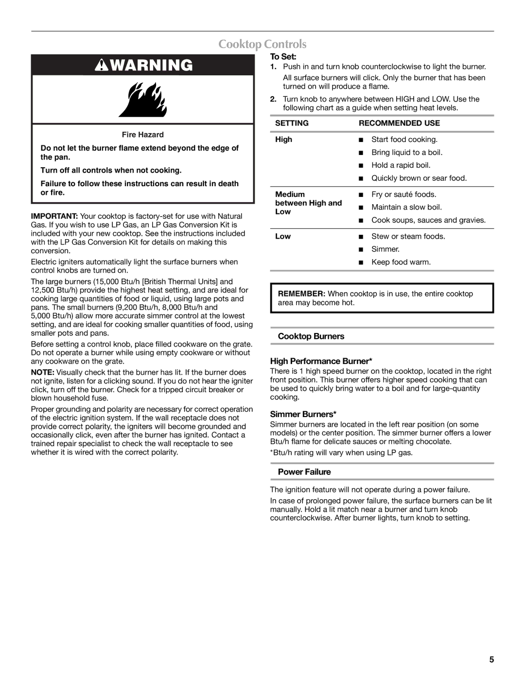 Maytag W10268391A manual Cooktop Controls, To Set, Cooktop Burners High Performance Burner, Simmer Burners, Power Failure 