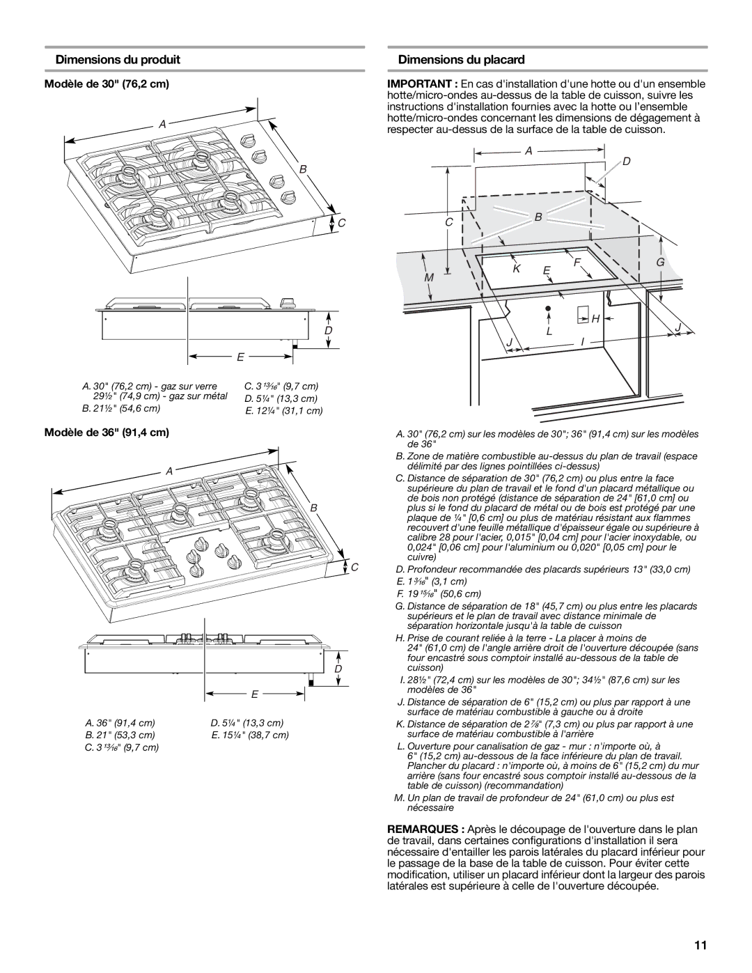 Maytag W10268392A Dimensions du produit, Dimensions du placard, Modèle de 30 76,2 cm, Modèle de 36 91,4 cm 