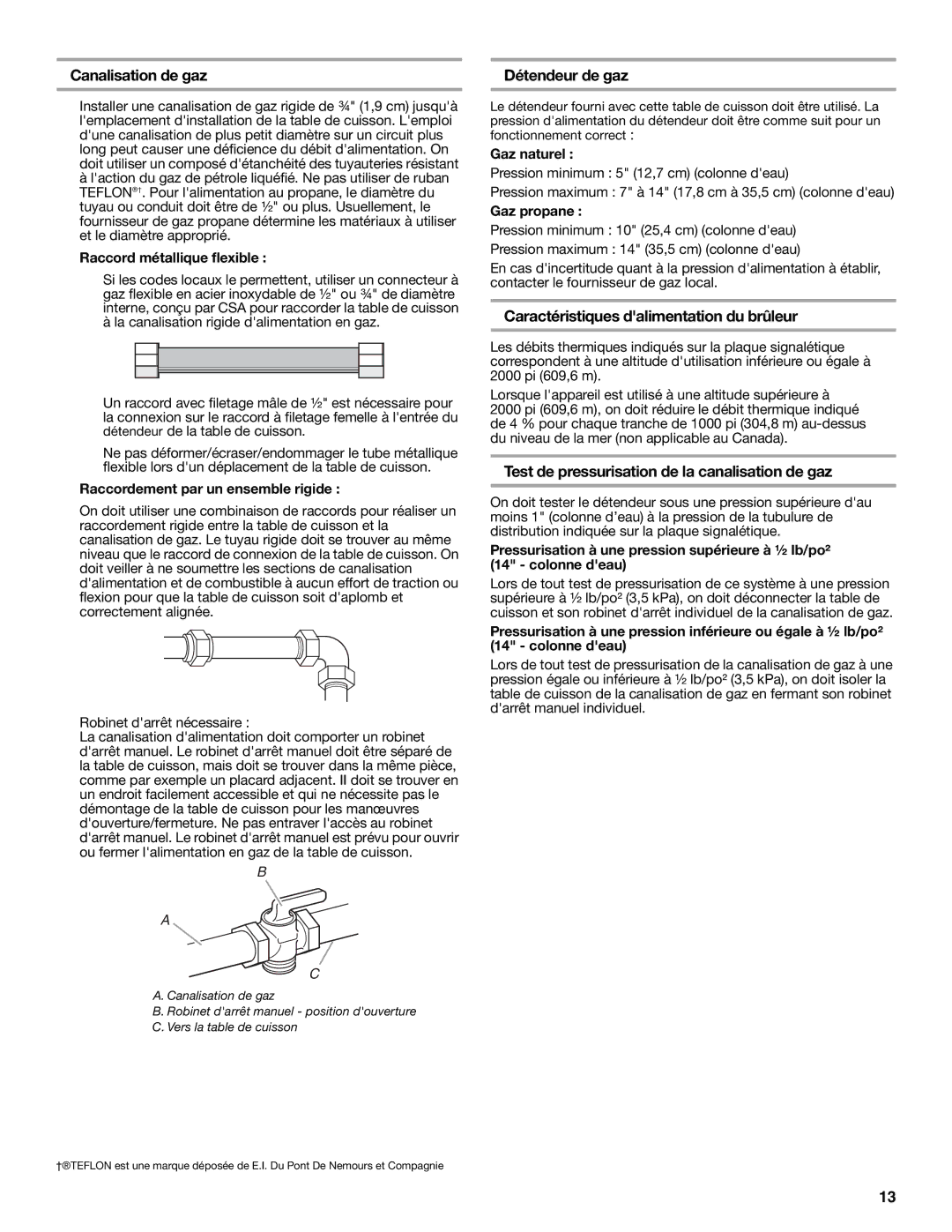 Maytag W10268392A Canalisation de gaz, Détendeur de gaz, Caractéristiques dalimentation du brûleur 