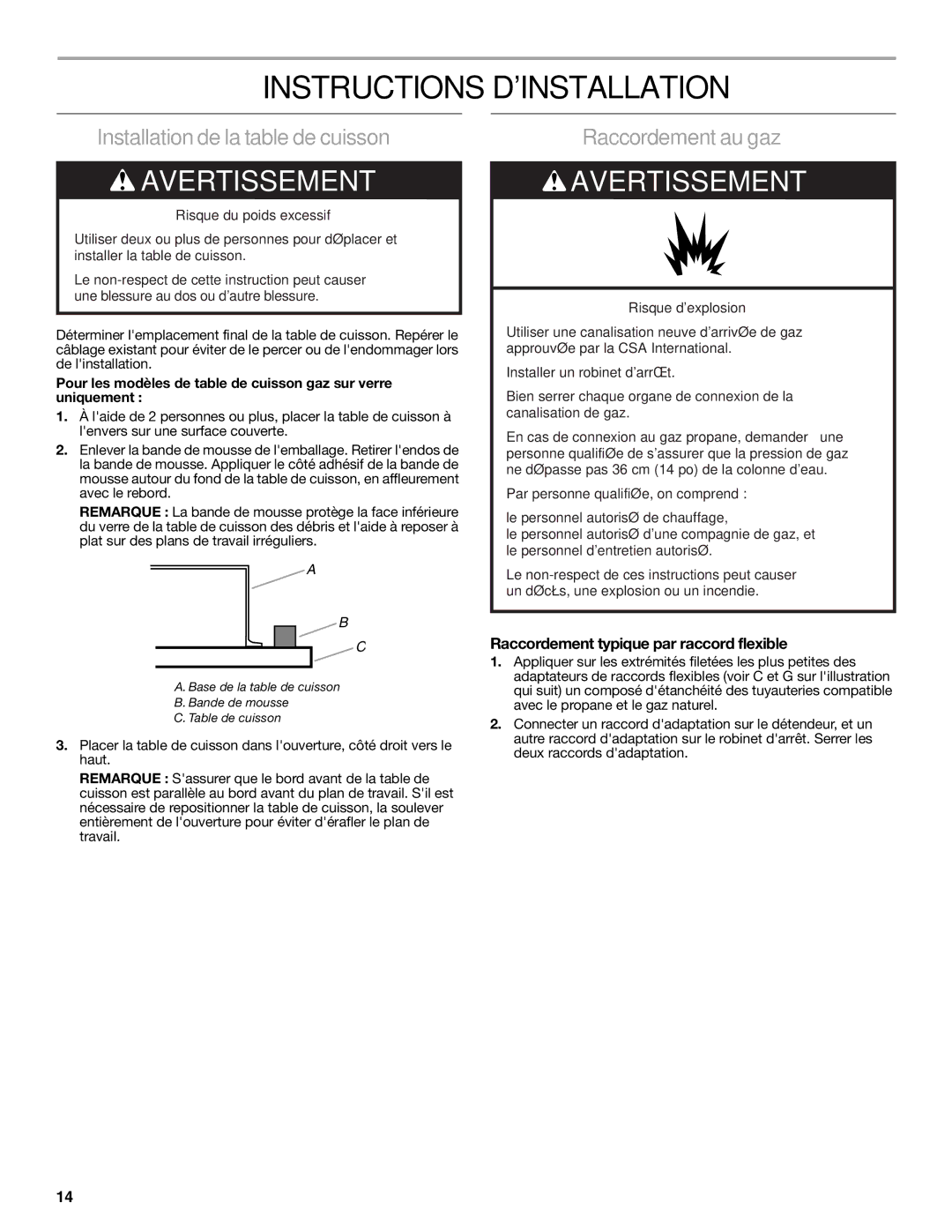 Maytag W10268392A Instructions Dinstallation, Installation de la table de cuisson, Raccordement au gaz 