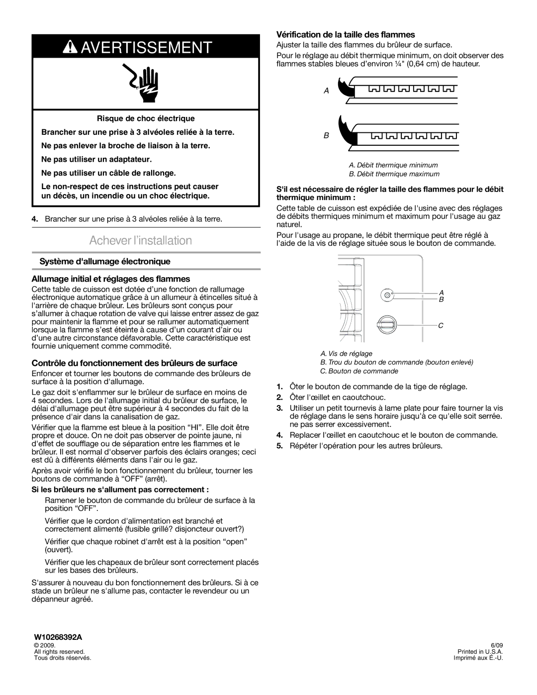 Maytag W10268392A installation instructions Achever linstallation, Contrôle du fonctionnement des brûleurs de surface 