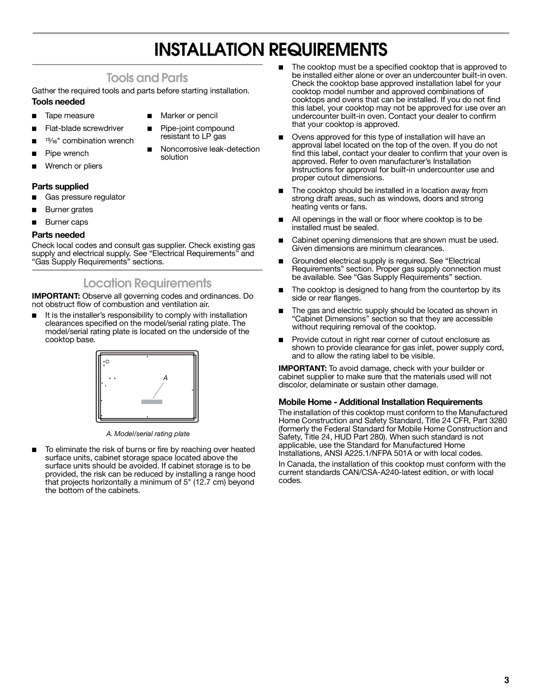 Maytag W10268392A installation instructions Installation Requirements, Tools and Parts, Location Requirements 