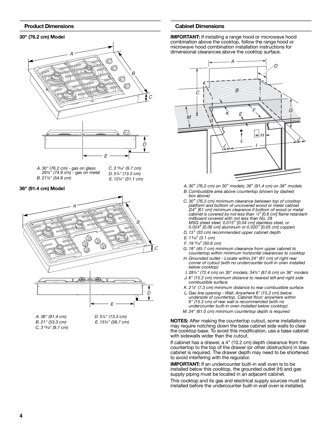 Maytag W10268392A installation instructions Product Dimensions, Cabinet Dimensions, 30 76.2 cm Model, 36 91.4 cm Model 