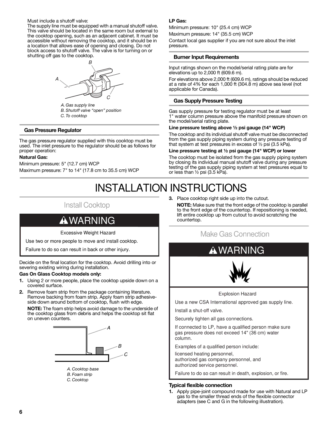 Maytag W10268392A installation instructions Installation Instructions, Install Cooktop, Make Gas Connection 