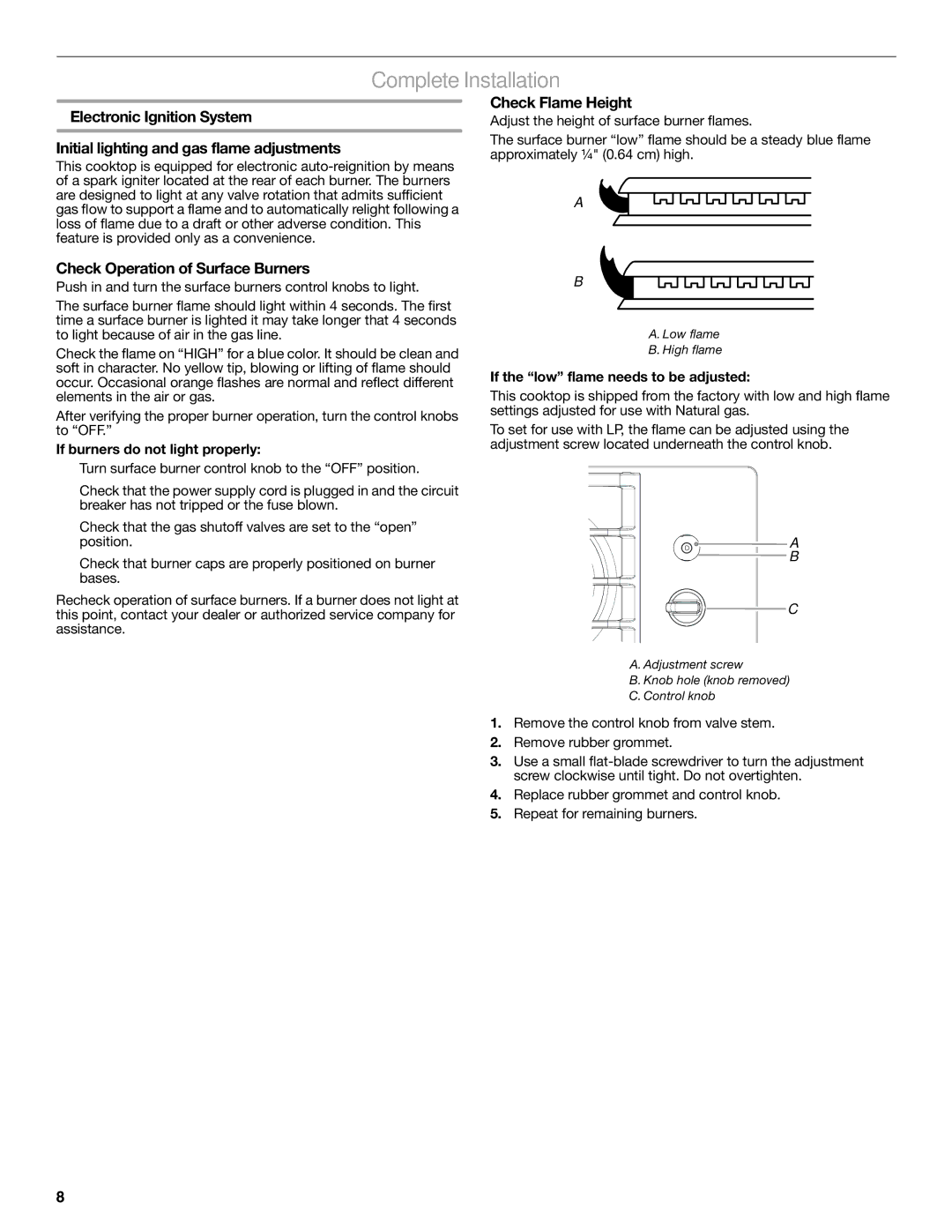 Maytag W10268392A installation instructions Complete Installation, Check Flame Height, Check Operation of Surface Burners 