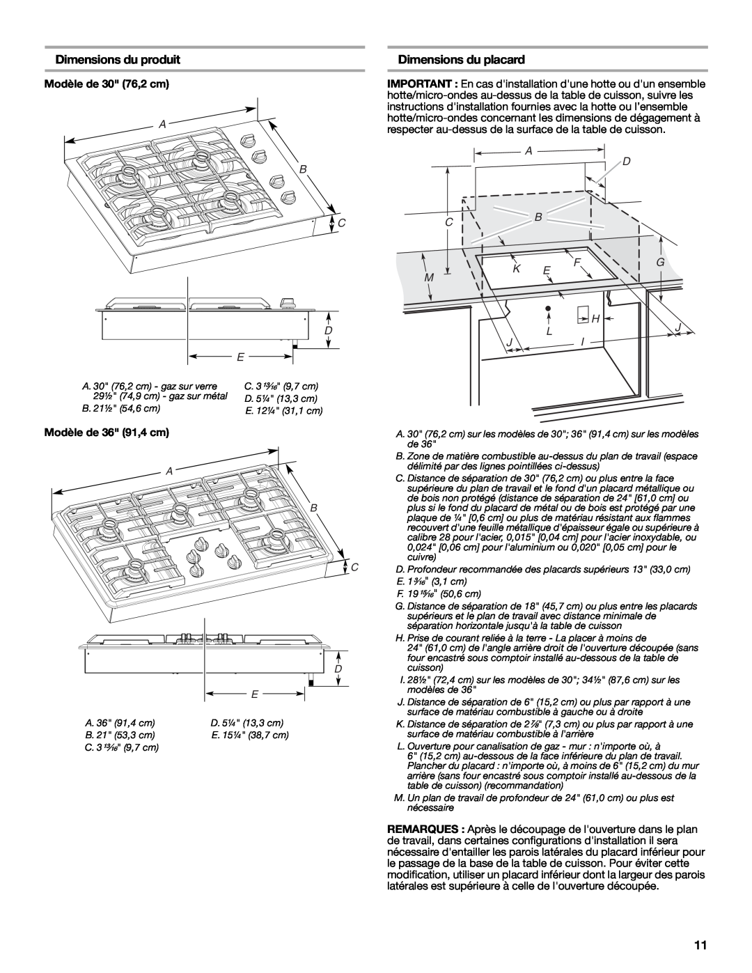 Maytag W10268392A Dimensions du produit, Dimensions du placard, Modèle de 30 76,2 cm, A D Cb, Fg H, Lj Ji, A B C D 