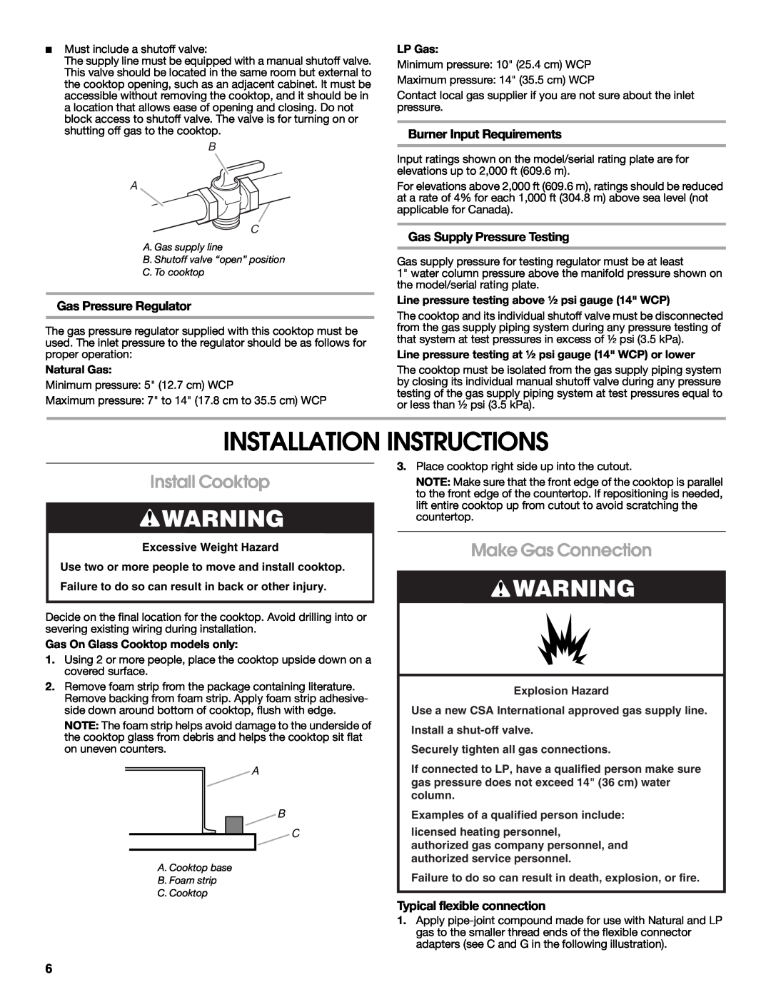 Maytag W10268392A Installation Instructions, Install Cooktop, Make Gas Connection, Gas Pressure Regulator, B A C, LP Gas 