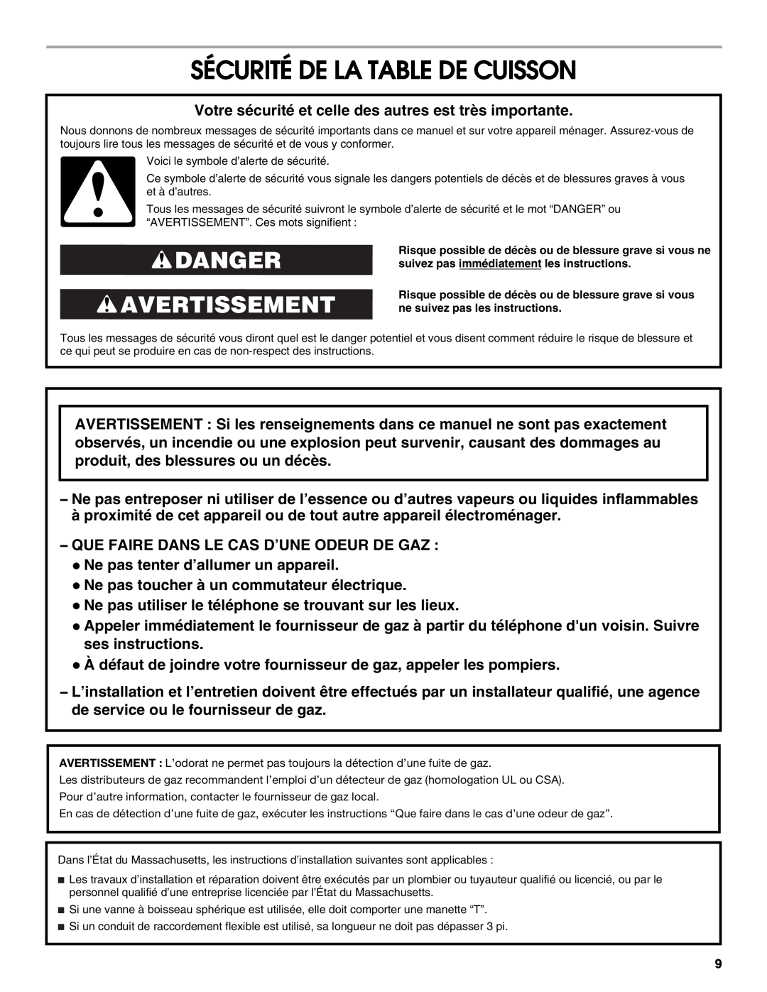 Maytag W10268392A installation instructions Sécurité De La Table De Cuisson, Danger Avertissement 