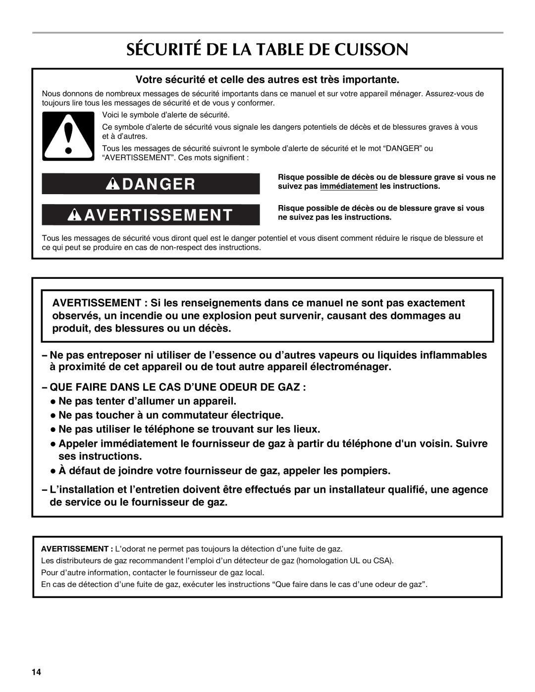 Maytag W10268401A manual Sécurité DE LA Table DE Cuisson, Votre sécurité et celle des autres est très importante 