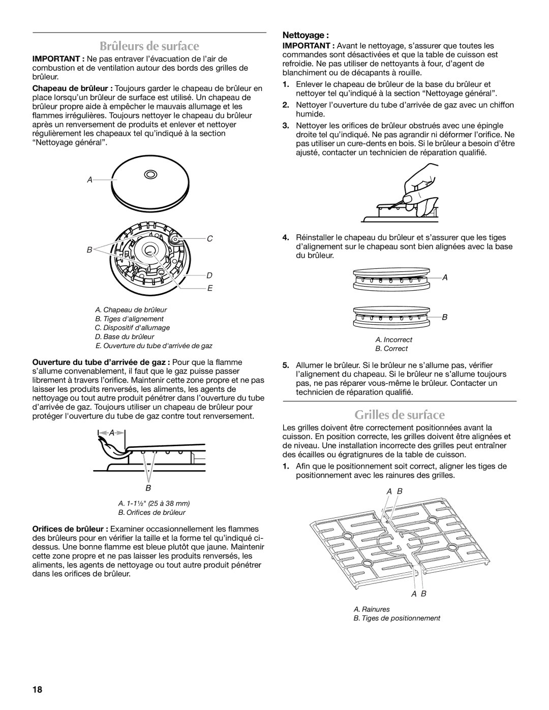 Maytag W10268401A manual Brûleurs de surface, Grilles de surface, Nettoyage 