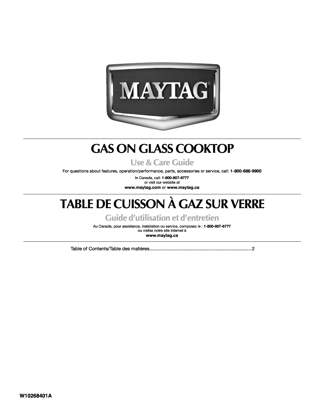 Maytag W10268401A manual Gas On Glass Cooktop, Table De Cuisson À Gaz Sur Verre, Use & Care Guide 